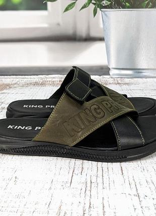 Шльопанці чоловічі king pride чорні з оливковим шкіряними 3961