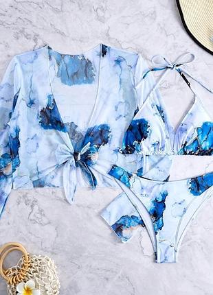 Белый женский раздельный купальник пляжный комплект с топом бутылением платьем юбкой парео туникой