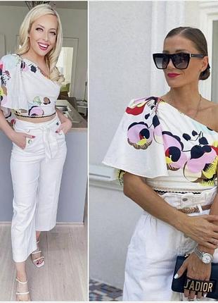 Асиметричний топ  zara  на одне плече бавовна принт