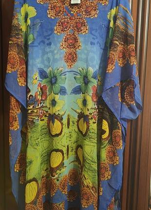 Пляжная туника сине-зеленого цвета с узором и стразами 100%viscose
