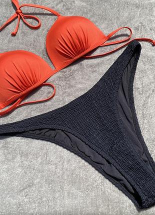Купальник раздельный черные плавки высокие жатка красный треугольный верх xl-xxl