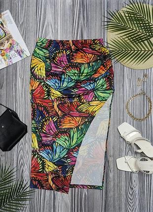 Яскрава довга асиметрична стрейчова спідниця з метеликами shein #4289