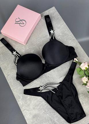 Комплект чорний зі стразами вікторія сікрет з пуш-ап зіркова колекція - 4 кольори