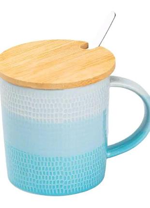 Чашка с бамбуковой крышкой и ложкой фарфоровая 350 мл голубой hp7201lb