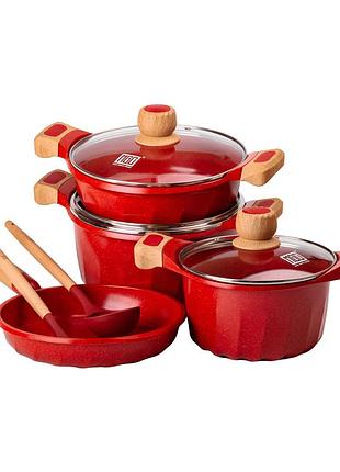 Набор посуды, 3 кастрюли, толстодонное алюминиевое дно mgc с лопаткой и половником, красный hp-4-401r