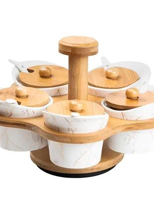 Набір для сипучих продуктів 5 банок по 120 на бамбуковій підставці білий hp1225