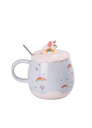 Чашка керамічна rainbow ceramic mug 400ml з кришкою і ложкою блакитний hpcy8278bl