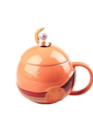 Чашка керамическая starry sky 400мл с крышкой и ложкой оранжевый hp877o