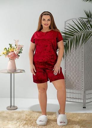 Жіноча велюрова піжама | футболка та шорти | 522