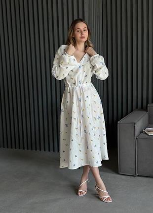 Жіноча сукня плаття міді муслінова на ґудзиках на талії шнурівка оздоблено мереживом