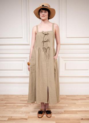 Льняной бежевый сарафан в стиле сафари аметиста
