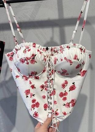 Роскошный топ корсет в цветок, с чашками, майка