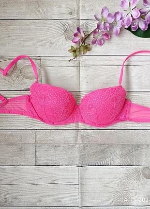 Кружевной яркий бюстгальтер балконет на косточках с небольшим пуш-ап victoria’s secret pink