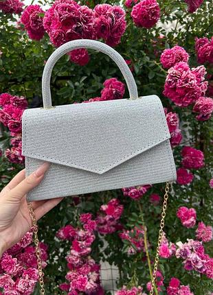 Серая сумочка-клатч с люрексом и дополнительной удлиненной золотой цепочкой (живые фото)
