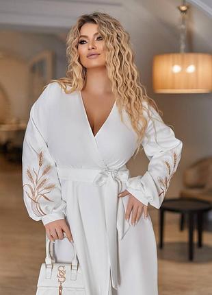 Жіноча святкова сукня міді з вишивкою колоски на рукавах, плаття на запах з поясом і довгими рукавами