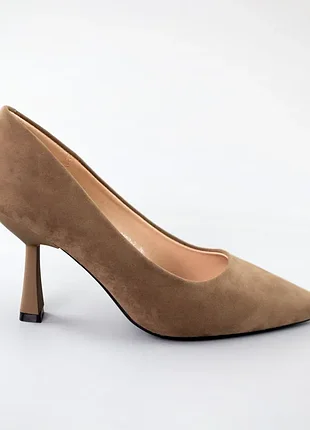 Стильные классические женские туфли лодочки замшевые бежевые на каблуке,туфли классика летние,осенни для женщин
