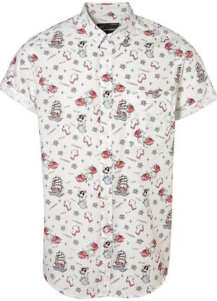 Біла сорочка з коротким рукавом літня коротка сорочка з малюнком легка сорочка морський принт.