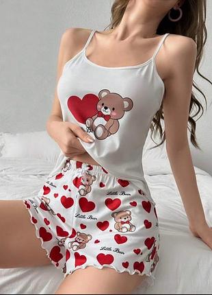 Шелковая пижама майка с шортами мишки м-3xl