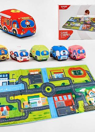 Игрушка набор тканевых машин с ковриком he 0243 6 мягких машинок с пищалкой, гремящими, шелестящими