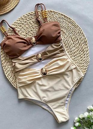 Купальник женский цельный слитный коричневый бежевый