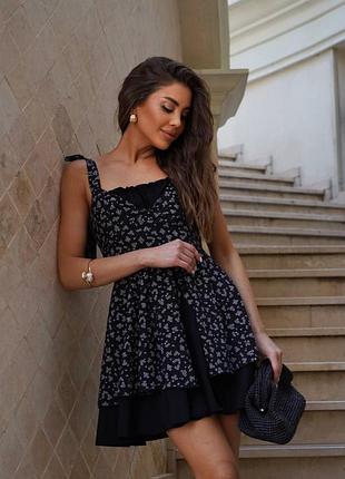 Сарафан короткий мини женский цветочный принт на бретелях завязках двойная юбка платья летняя