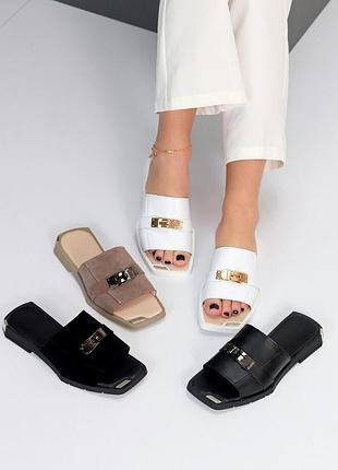 Шлепанцы женские натуральная кожа замша черный белый мокко 24490