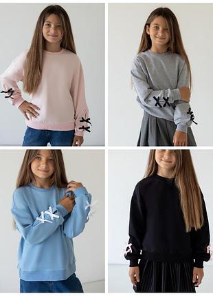 Красивый свитшот с бантиками, красивый джемпер для девушек, стильный свитшот подилочный, красивая кофтинка для школы, красивый свитшот с бантиками