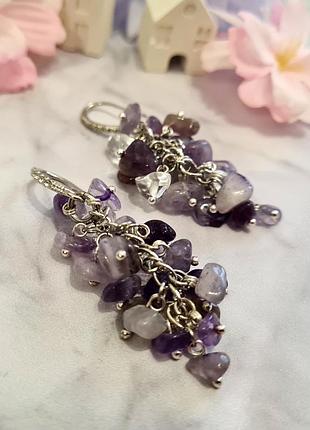 🔺🍇✨ ніжні сережки "грона" натуральний камінь аметист, гірський кришталь