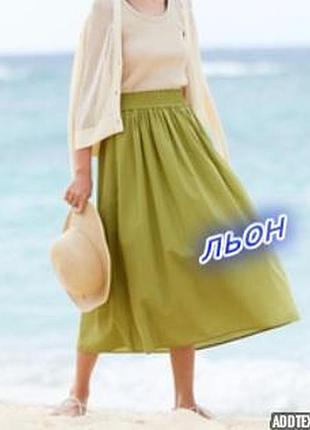 1+1=3 шикарная льняная оливковое юбка миди primark высокая посадка, размер 52 - 54