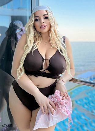 Слитный купальник с эффектом раздельного больших размеров коричневый