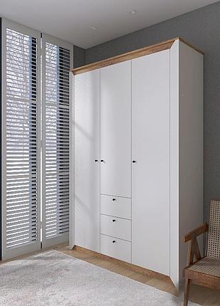 Шафа тридверна 1400 нордик з шухлядами, дуб крафт золотий, білий мебель для дома