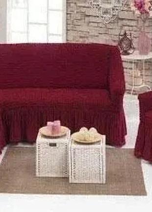 Бордовый чехол накидка на угловой диван с креслом, комплект чехлов на угловой диван и кресло с оборкой турция
