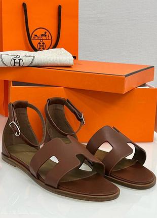Коричневі шкіряні босоніжки ермес люкс