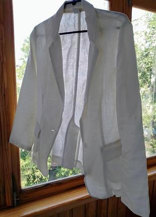 Жакет льняной белый летний иксс с 10, рукав 3 4, карманы, по фигуре