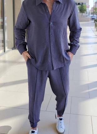 Чоловічий літній лляний брючний костюм двійка сорочка з довгим рукавом і штани льон сірий