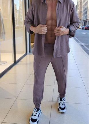 Чоловічий літній лляний брючний костюм двійка сорочка з довгим рукавом і штани льон мокко