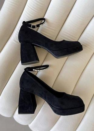 Накладной платеж ❤ праздничные замшевые туфли на широком каблуке с ремешком стразы камешками