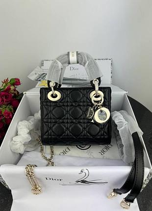 Dior lady mini black gold женская сумка кожаная черная