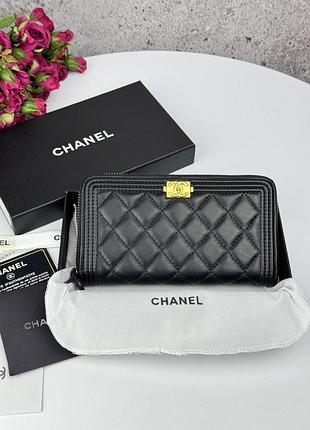 Chanel black gold женский кошелек кожаный черный
