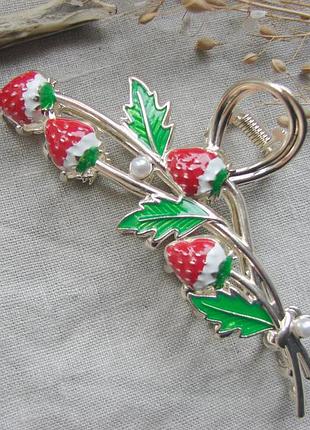 Золотистая заколка крабик для волос с земляникой металлическая изящное украшение цвет золото