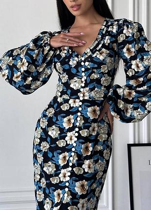 Распродажа 🏷 штапельное праздничное платье миди с рукавами фонариками на пуговицах в цветочный принт