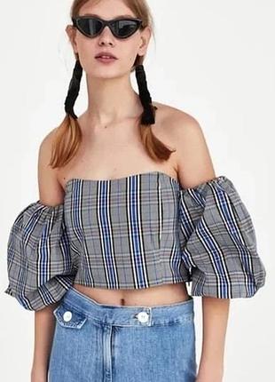 Хлопковый топ в клетку с открытыми плечами с объемным рукавом zara #3964