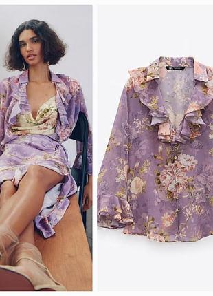 Лавандова шифонова блуза в квітковий принт zara (размер 36)