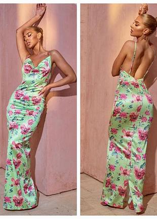 Длинное зеленое коктейльное платье в бельевом стиле розовый принт prettylittlething(размер 34)