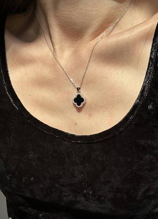 Ланцюжок срібний з кулоном конюшина з натуральним чорним агатом