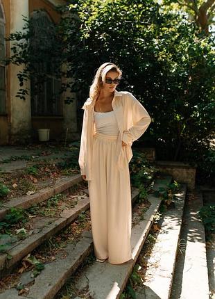 Стильний молочний костюм з штанами ♥️ шовковий легкий костюм на літо ♥️