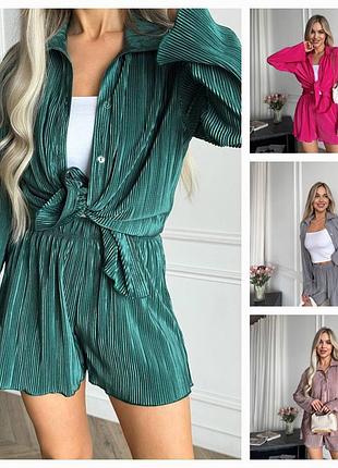 Летний женский костюм гофре, 4 цвета, рубашка и шорты