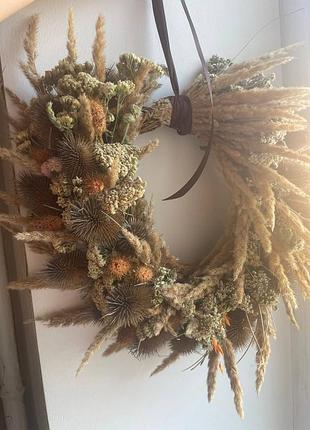 Венчик декоративный для интерьера или на подарок с сухоцветами и ворсочкой