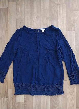 Блуза лаконичная темно синий хлопок с ажурными кантами esprit 36