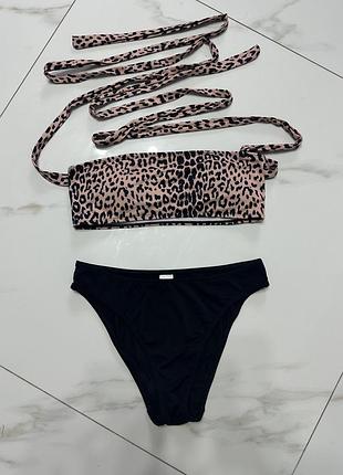 Купальник роздільний бандо з довгими завʼязками леопард на розмір м